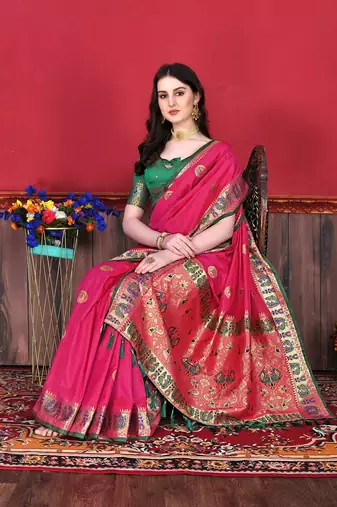 Soft Lichi Silk Blend Saree With Beautiful Zari  & Meenakari Weaving Pallu With Zari Weawing Border
