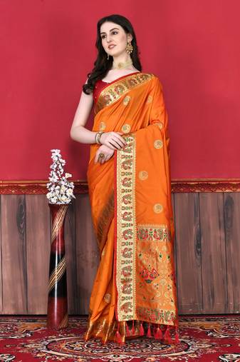 Soft Lichi Silk Blend Saree With Beautiful Zari  & Meenakari Weaving Pallu With Zari Weawing Border