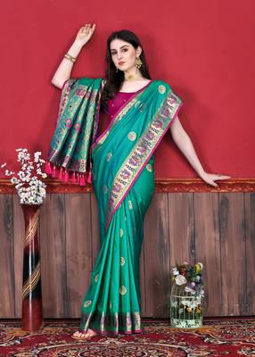 Soft Lichi Silk Blend Saree With Beautiful Zari  & Meenakari Weaving Pallu With Zari Weawing Border 3