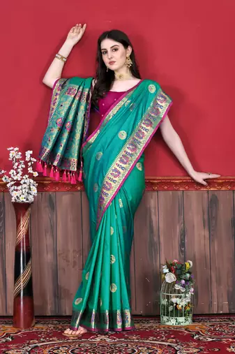 Soft Lichi Silk Blend Saree With Beautiful Zari  & Meenakari Weaving Pallu With Zari Weawing Border