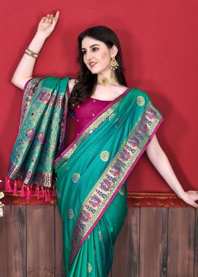 Soft Lichi Silk Blend Saree With Beautiful Zari  & Meenakari Weaving Pallu With Zari Weawing Border 4