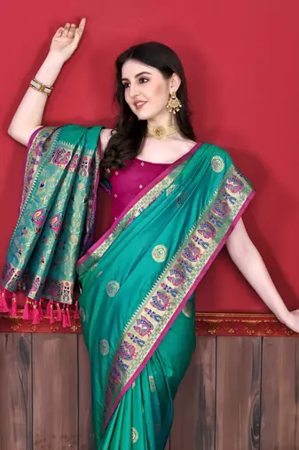 Soft Lichi Silk Blend Saree With Beautiful Zari  & Meenakari Weaving Pallu With Zari Weawing Border