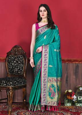Soft Slub Silk Blend Saree With Beautiful Zari  & Meenakari Weaving Pallu With Zari Weawing Border 1