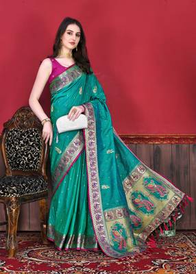 Soft Slub Silk Blend Saree With Beautiful Zari  & Meenakari Weaving Pallu With Zari Weawing Border 2