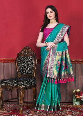 Soft Slub Silk Blend Saree With Beautiful Zari  & Meenakari Weaving Pallu With Zari Weawing Border 3