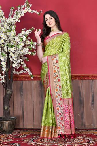 Soft Cotton Silk Saree With Beautiful Zari  & Meenakari Weaving Pallu With Zari Weawing Border