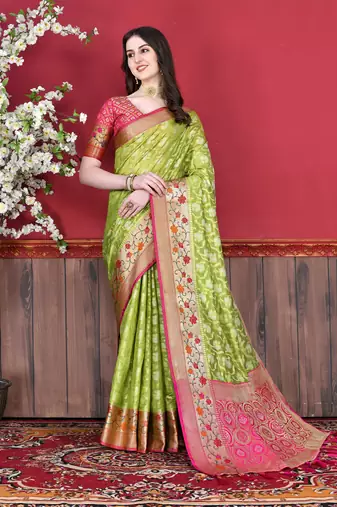 Soft Cotton Silk Saree With Beautiful Zari  & Meenakari Weaving Pallu With Zari Weawing Border