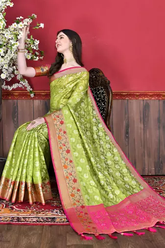 Soft Cotton Silk Saree With Beautiful Zari  & Meenakari Weaving Pallu With Zari Weawing Border