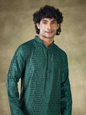 Vardha men's viscose stitched kurta , sequins embroidered slim fit mandarin collar long sleeves kurta for men long 1