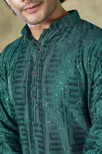Vardha men's viscose stitched kurta , sequins embroidered slim fit mandarin collar long sleeves kurta for men long