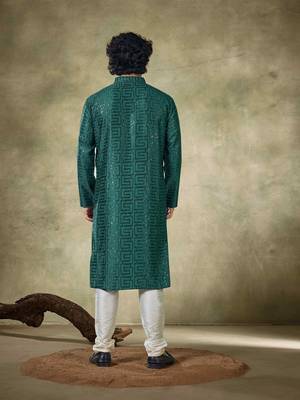 Vardha men's viscose stitched kurta , sequins embroidered slim fit mandarin collar long sleeves kurta for men long 3