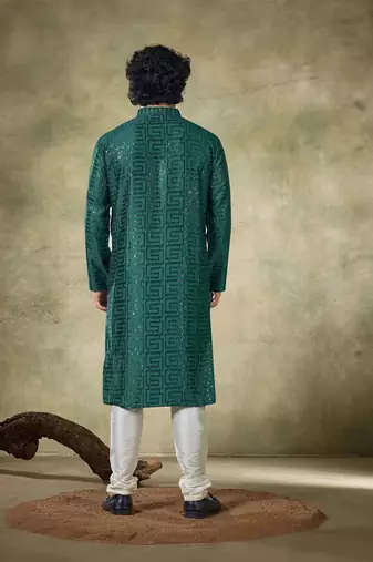 Vardha men's viscose stitched kurta , sequins embroidered slim fit mandarin collar long sleeves kurta for men long