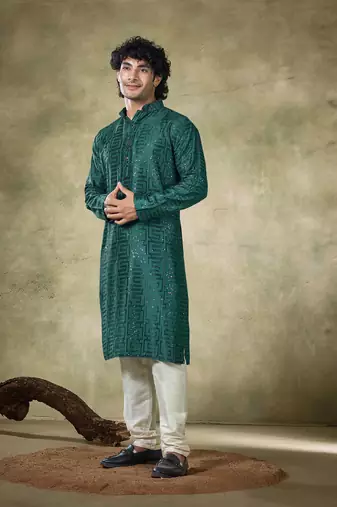 Vardha men's viscose stitched kurta , sequins embroidered slim fit mandarin collar long sleeves kurta for men long