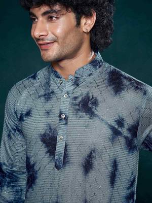 Vardha men's viscose sequence stitched kurta, shibori dyed ethnic kurtas for men, mandarin collar long kurta's 2