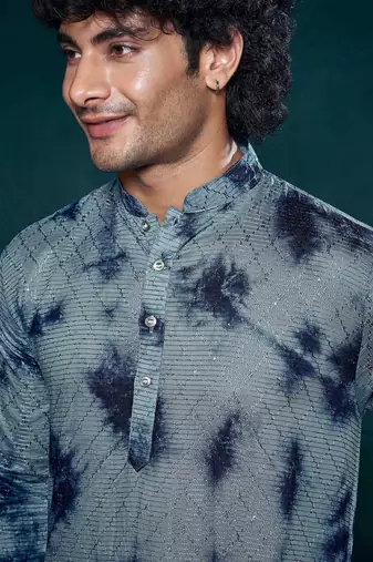 Vardha men's viscose sequence stitched kurta, shibori dyed ethnic kurtas for men, mandarin collar long kurta's