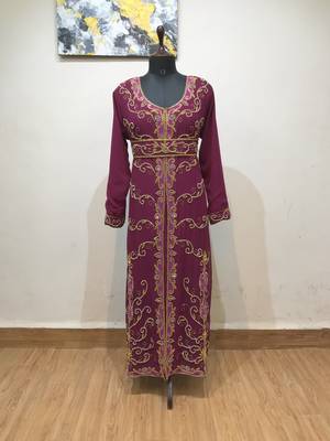 Wine color Full Sleeves Handmade Moroccan Kaftan 1