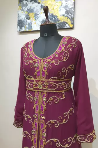 Wine color Full Sleeves Handmade Moroccan Kaftan