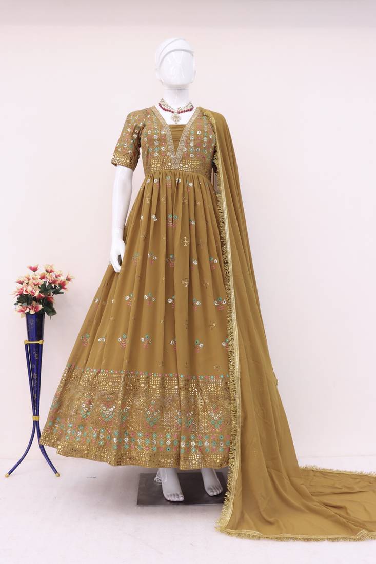 Coffee foil printed faux georgette stitched anarkali suit