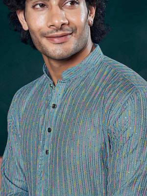 Vardha men's viscose sequin embellished stitched kurta, thread work mandarin collar straight kurta long for men 2