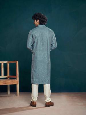Vardha men's viscose sequin embellished stitched kurta, thread work mandarin collar straight kurta long for men 3