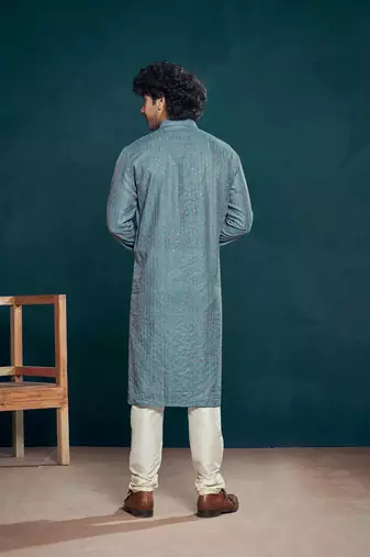 Vardha men's viscose sequin embellished stitched kurta, thread work mandarin collar straight kurta long for men