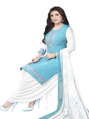Turquoise unstitched crepe salwar suit material printed 1