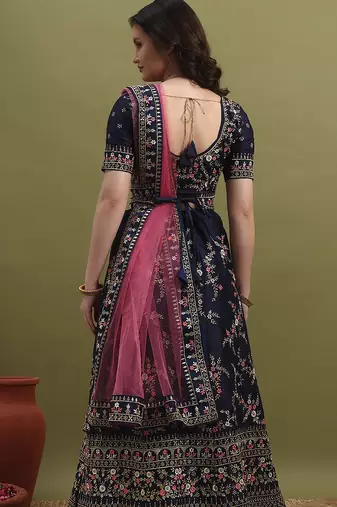 Blue and Pink Embroidered Lehenga Choli for Women