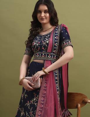 Blue and Pink Embroidered Lehenga Choli for Women 3