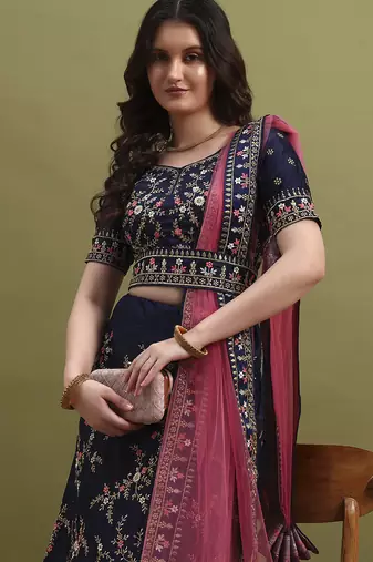 Blue and Pink Embroidered Lehenga Choli for Women