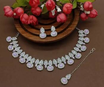 Purple rhodium plated artificial stone & kundan studded jewellery set 1