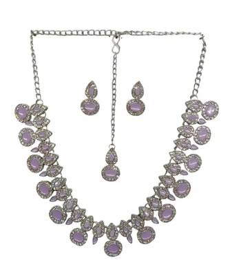 Purple rhodium plated artificial stone & kundan studded jewellery set 2