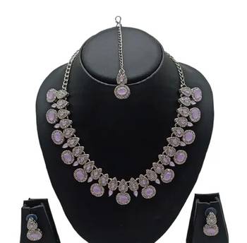Purple rhodium plated artificial stone & kundan studded jewellery set 4
