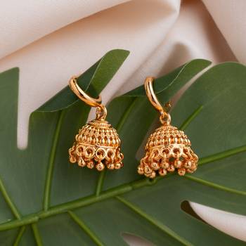 Golden Jhumkis Small With Press Hoop One Gram Gold 1