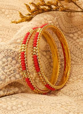 Gold Plated Bangles with Orange & Gold Beads 1