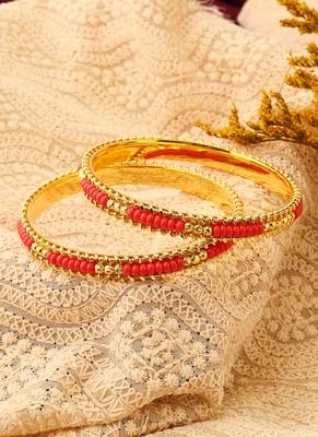 Gold Plated Bangles with Orange & Gold Beads 2
