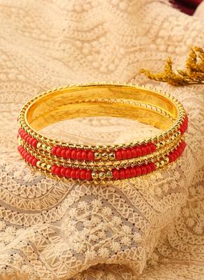 Gold Plated Bangles with Orange & Gold Beads 3