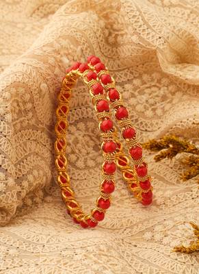 Gold Plated Bangles with Orange Beads 1