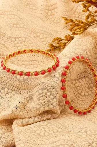 Gold Plated Bangles with Orange Beads