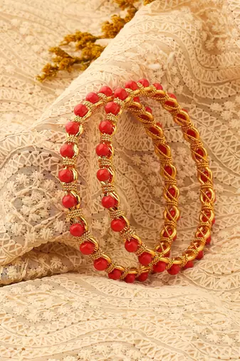 Gold Plated Bangles with Orange Beads