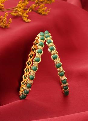 Gold Plated Bangles with Green Beads 1