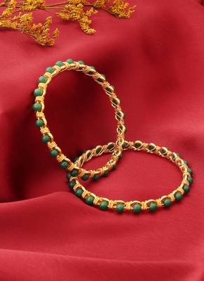 Gold Plated Bangles with Green Beads 2