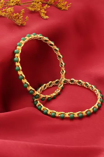 Gold Plated Bangles with Green Beads