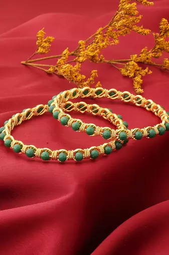 Gold Plated Bangles with Green Beads
