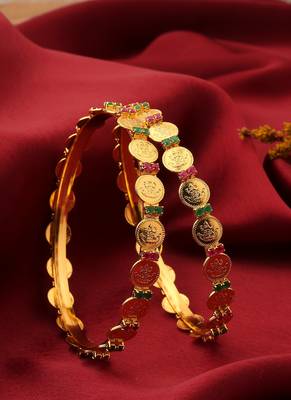Laxmi Motif Bangles with Ruby and Green American Stone Embellishments 1