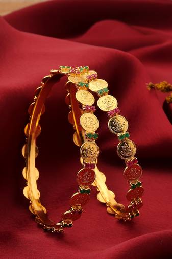 Laxmi Motif Bangles with Ruby and Green American Stone Embellishments
