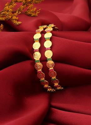 Laxmi Motif Bangles with Ruby and Green American Stone Embellishments 2