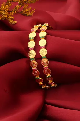 Laxmi Motif Bangles with Ruby and Green American Stone Embellishments