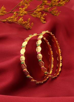 Laxmi Motif Bangles with Ruby and Green American Stone Embellishments 3