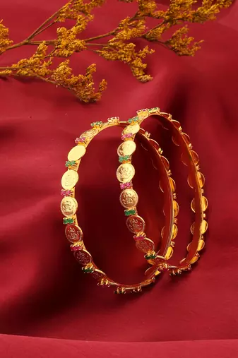 Laxmi Motif Bangles with Ruby and Green American Stone Embellishments