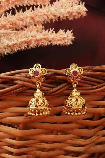 Flower-Shaped Small Jhumkas with Red Stone